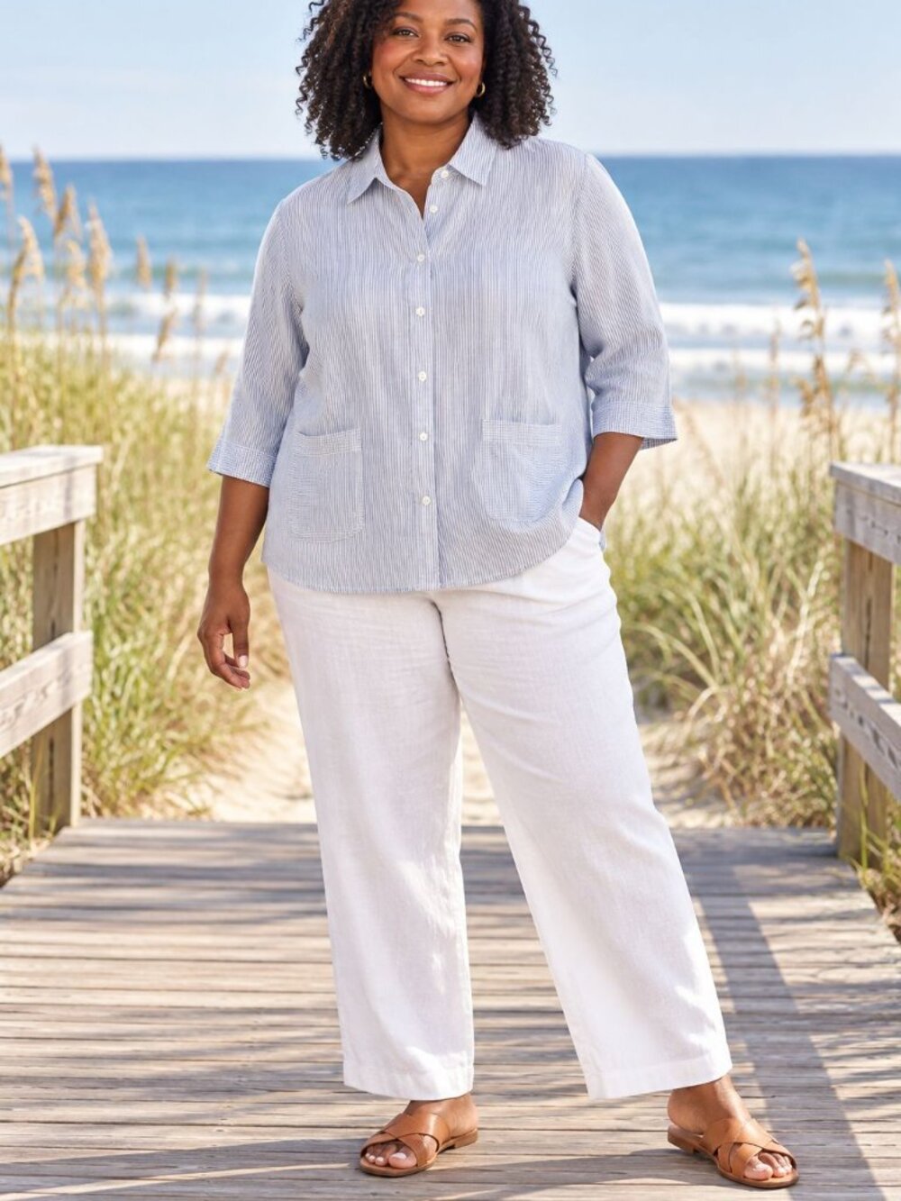 Westbound 3X Blue Striped Linen Blend Shirt Coastal Grandma Preppy Minimalist